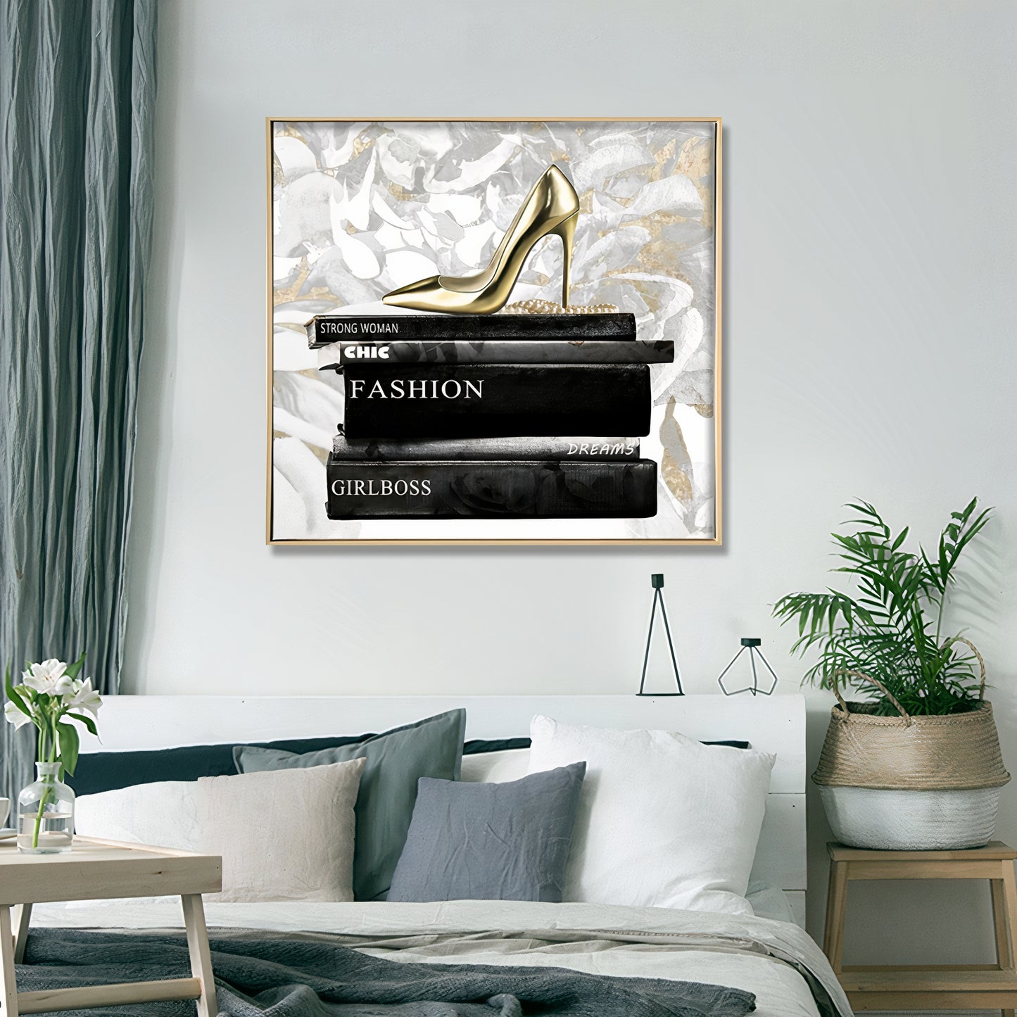 Shoe on Books – Brushed Gold Foil Canvas Wall Art | Natural Frame 70 x 70cm