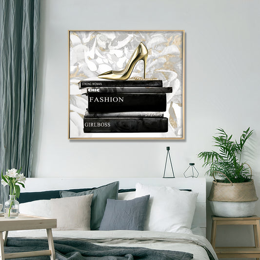 Shoe on Books – Brushed Gold Foil Canvas Wall Art | Natural Frame 70 x 70cm