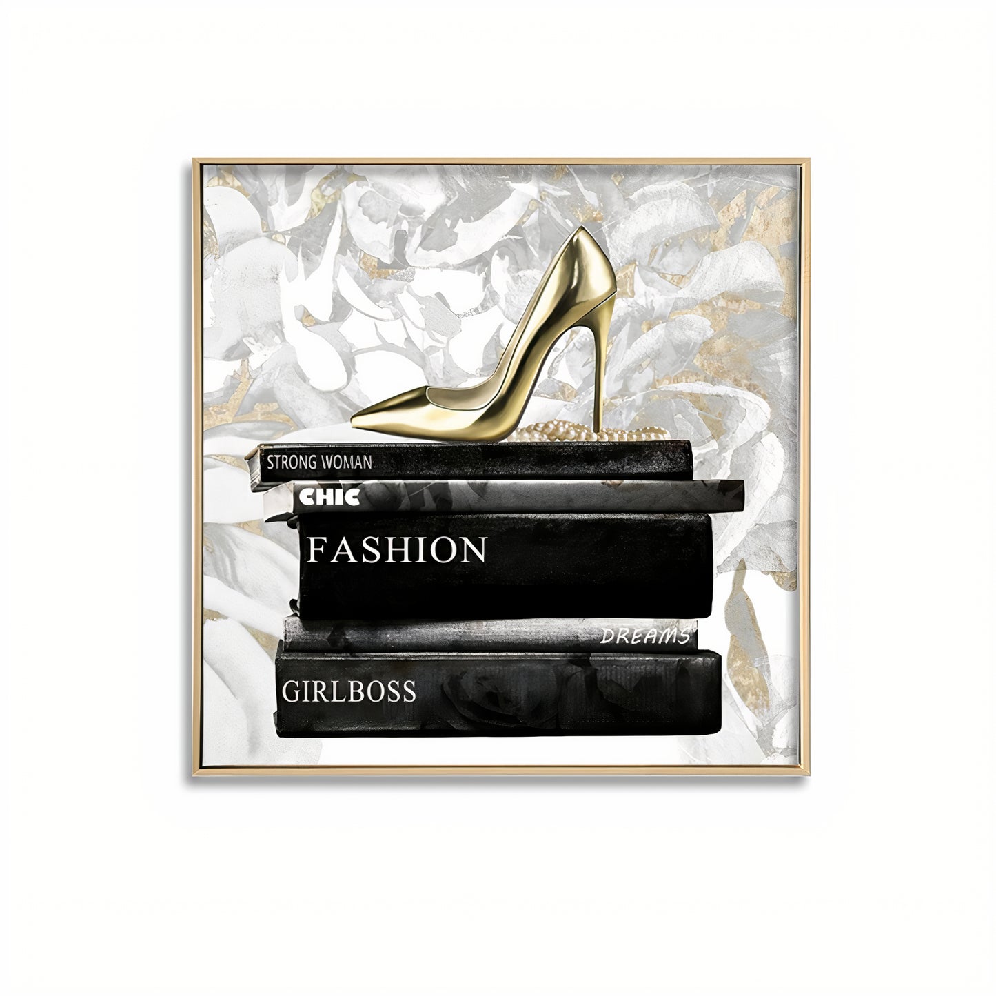 Shoe on Books – Brushed Gold Foil Canvas Wall Art | Natural Frame 70 x 70cm