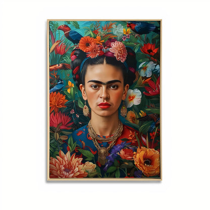 Tropical Frida – Frida Kahlo Inspired Tropical Canvas Wall Art | Brushed Print with Natural Frame 60 x 90cm