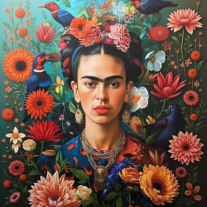 Tropical Frida – Frida Kahlo Inspired Tropical Canvas Wall Art | Brushed Print with Natural Frame 60 x 90cm