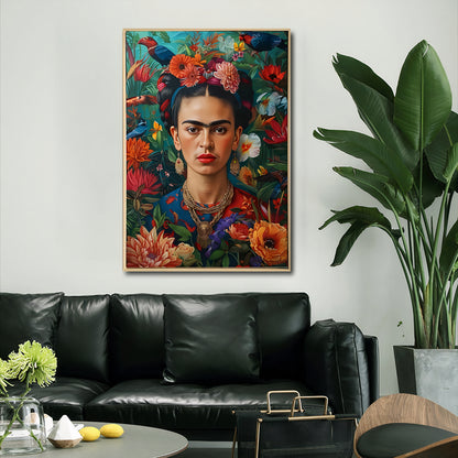 Tropical Frida – Frida Kahlo Inspired Tropical Canvas Wall Art | Brushed Print with Natural Frame 60 x 90cm