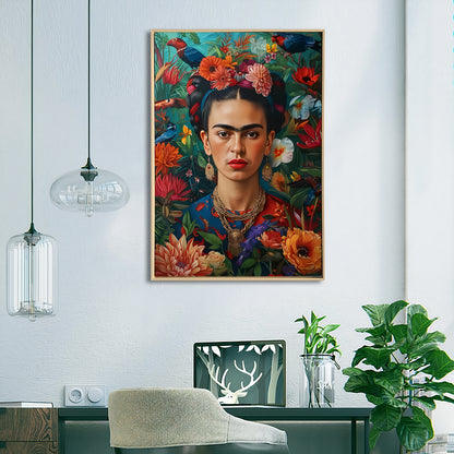 Tropical Frida – Frida Kahlo Inspired Tropical Canvas Wall Art | Brushed Print with Natural Frame 60 x 90cm
