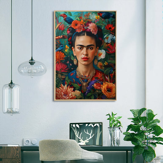 Tropical Frida – Frida Kahlo Inspired Tropical Canvas Wall Art | Brushed Print with Natural Frame 60 x 90cm