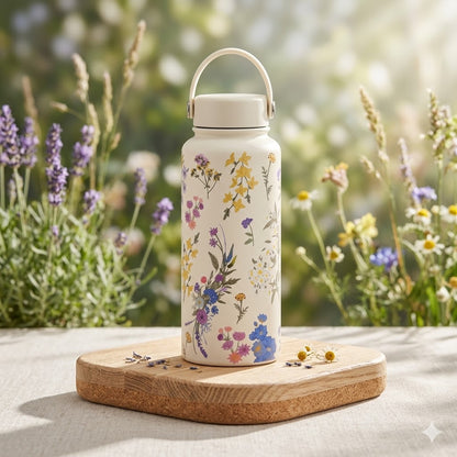 Wildflower Botanical Insulated Water Bottle 1000ml | Stainless Steel Travel Tumbler Gift