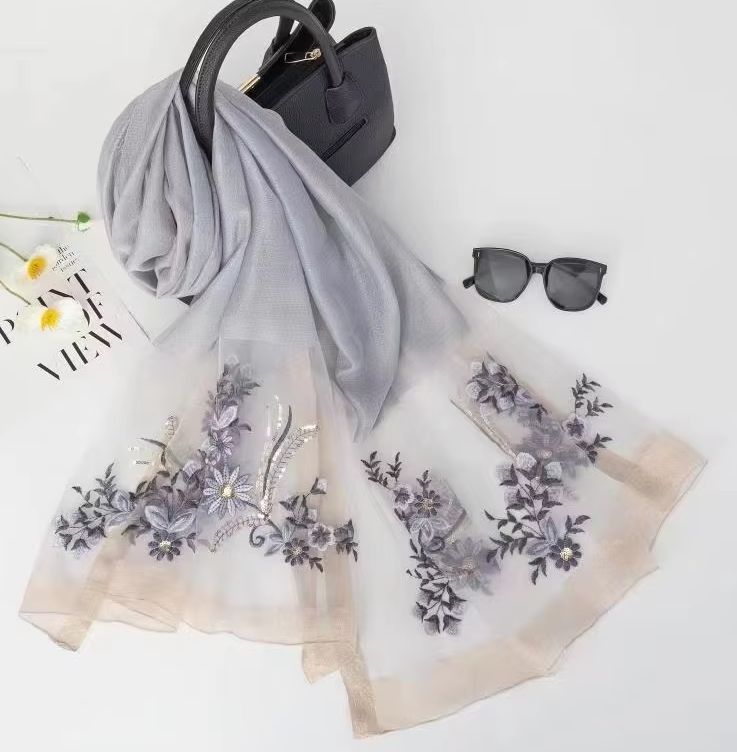Women's grey embroidered floral silk scarf with silver floral embroidery and lightweight georgette shawl design