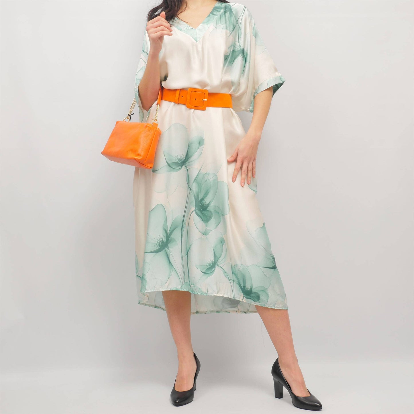 Satin midi dress with floral print Water Green
