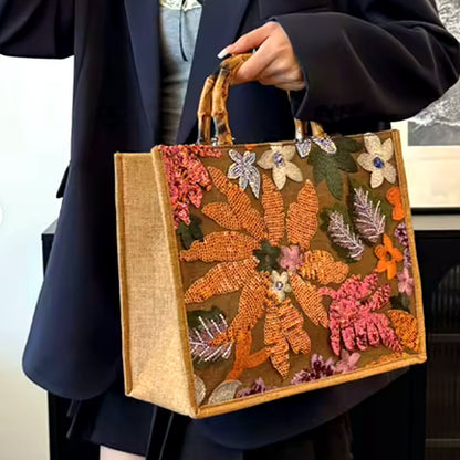 Botanical Bloom Embroidered Jute Tote