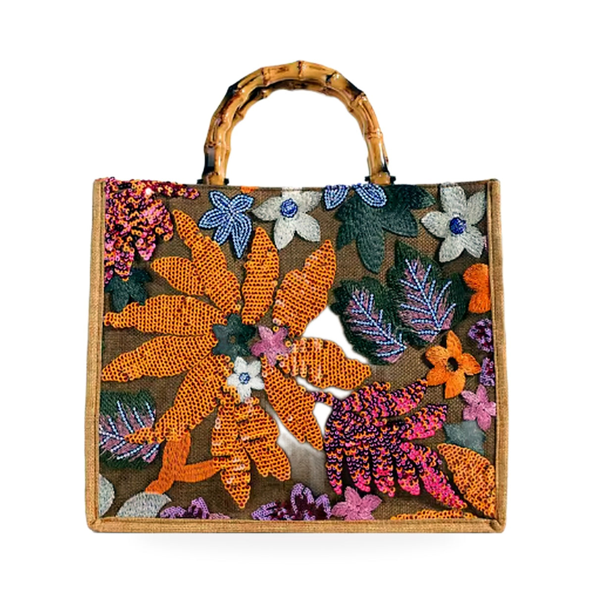 Botanical Bloom Embroidered Jute Tote