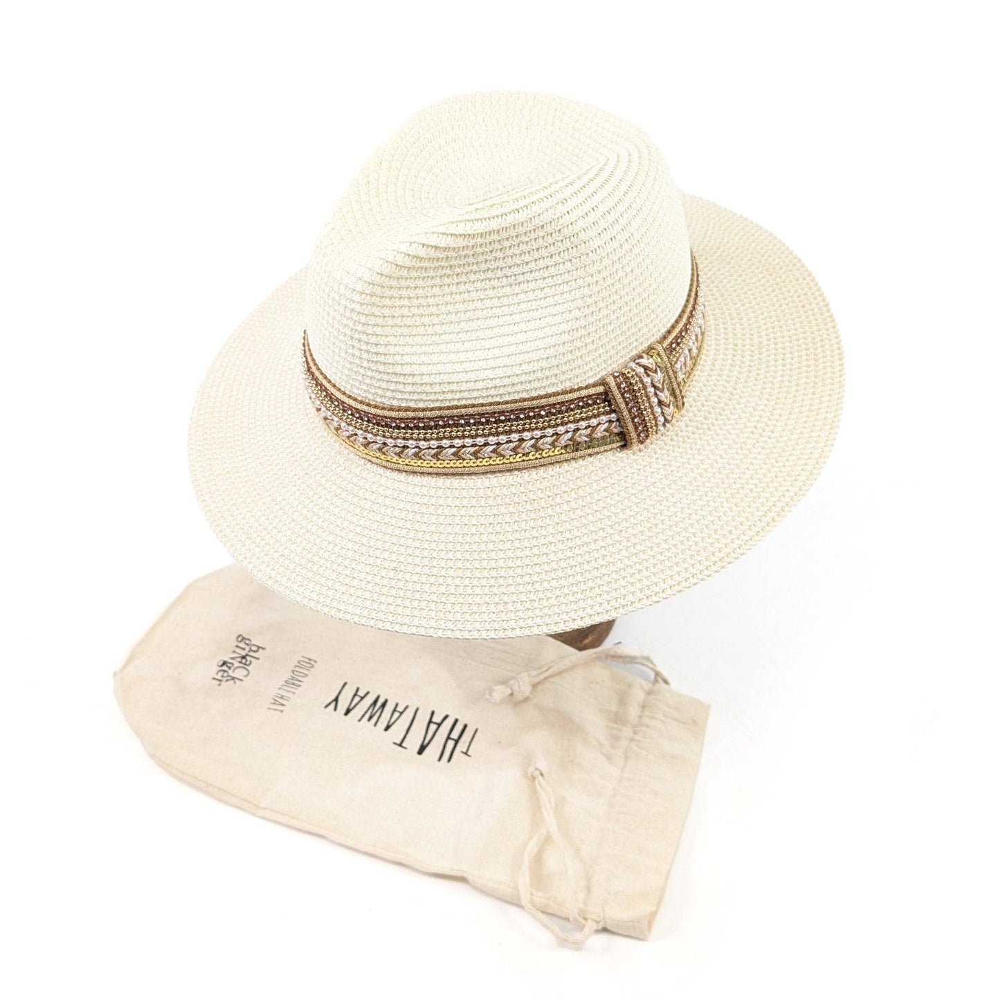 Foldable Jewelled Band Panama Hat (57cm) - Natural