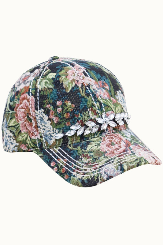 Floral Tapestry Cap with Crystal Bling Detail | Adjustable Women's Hat