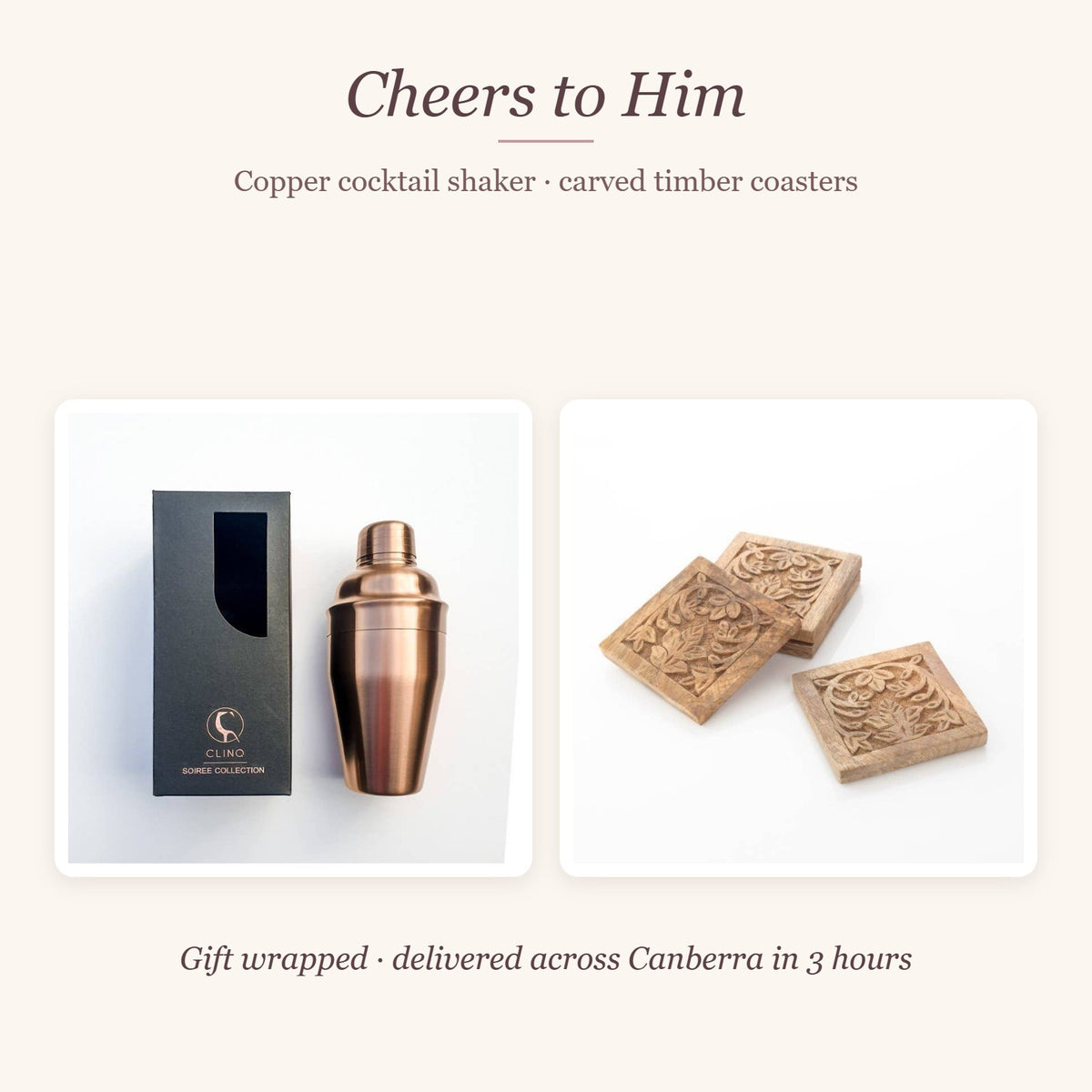 Cheers to Him Gift Box – Copper cocktail shaker · carved timber coasters