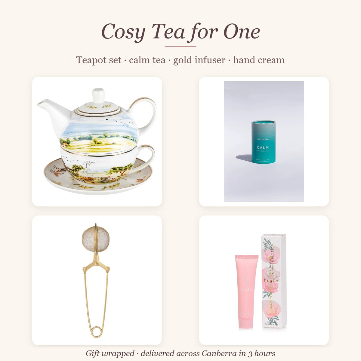 Cosy Tea for One Gift Box – Teapot set · calm tea · gold infuser · hand cream