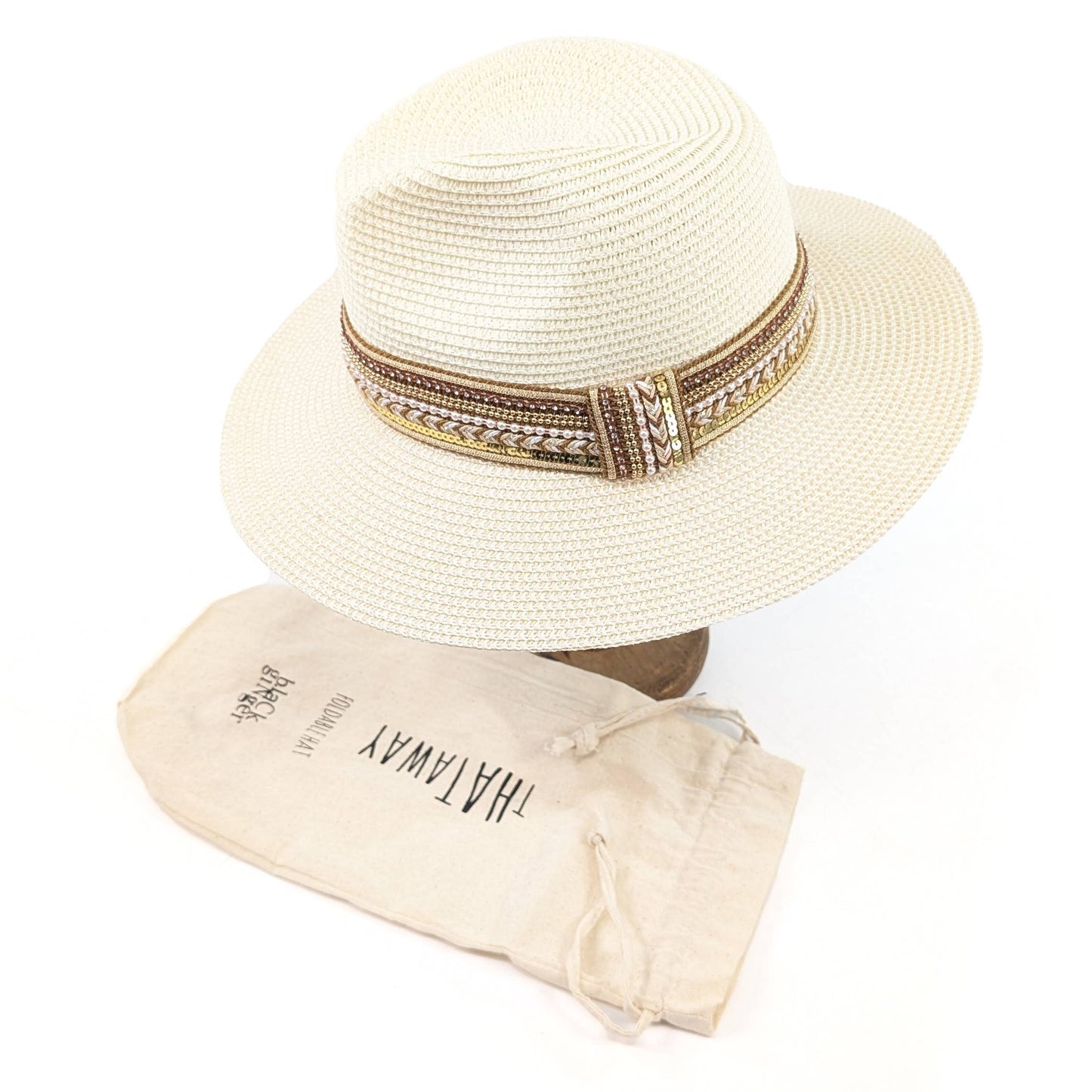 Foldable Jewelled Band Panama Hat (57cm) - Natural