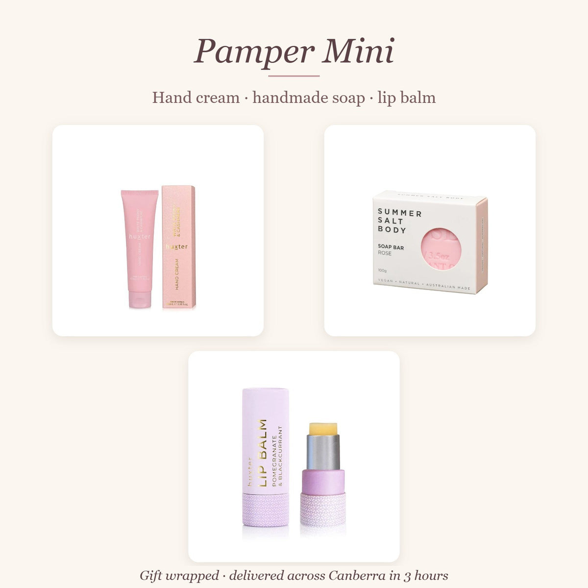 Pamper Mini Gift Box – Hand cream · handmade soap · lip balm
