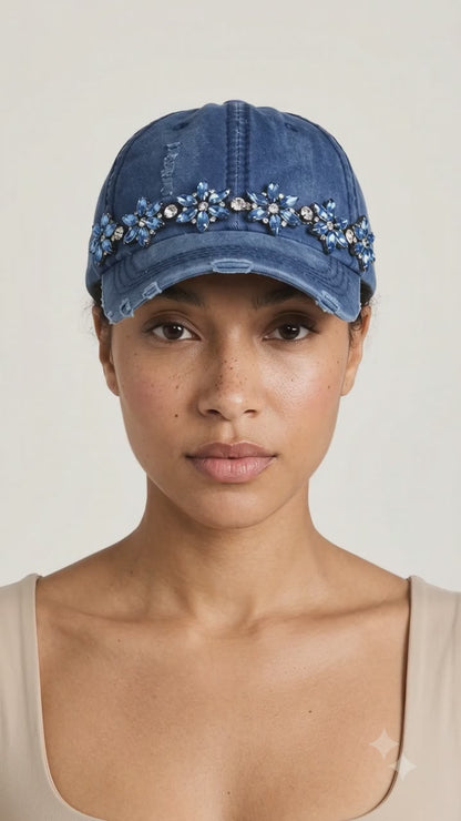 Olive & Pique Bejeweled Bling Glitz Distressed Cap | Adjustable Women's Hat