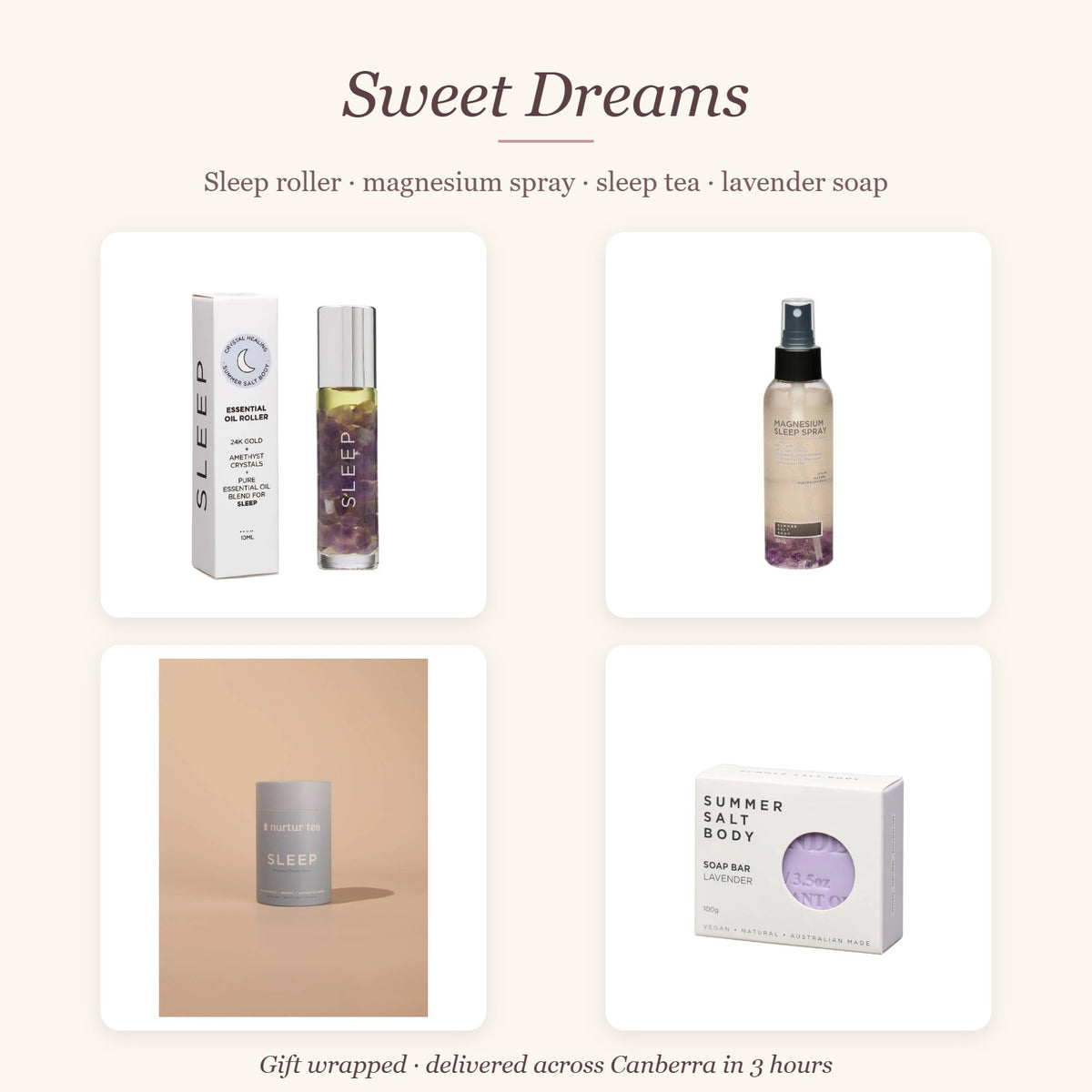 Sweet Dreams Gift Box – amethyst sleep roller, magnesium sleep spray, sleep tea and lavender soap