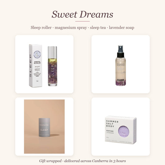 Sweet Dreams Gift Box – amethyst sleep roller, magnesium sleep spray, sleep tea and lavender soap