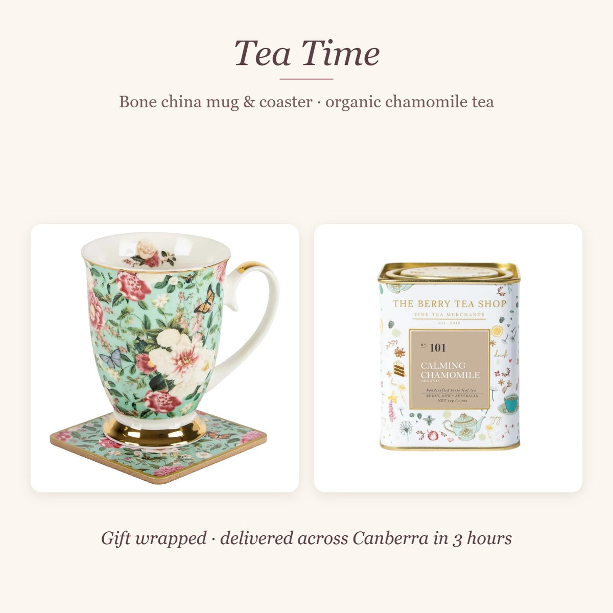 Tea Time Gift Box – Bone china mug & coaster · organic chamomile tea
