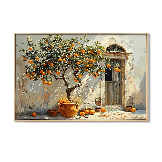 Tuscan Orange Tree – Mediterranean Courtyard Framed Canvas | 90 × 60 cm