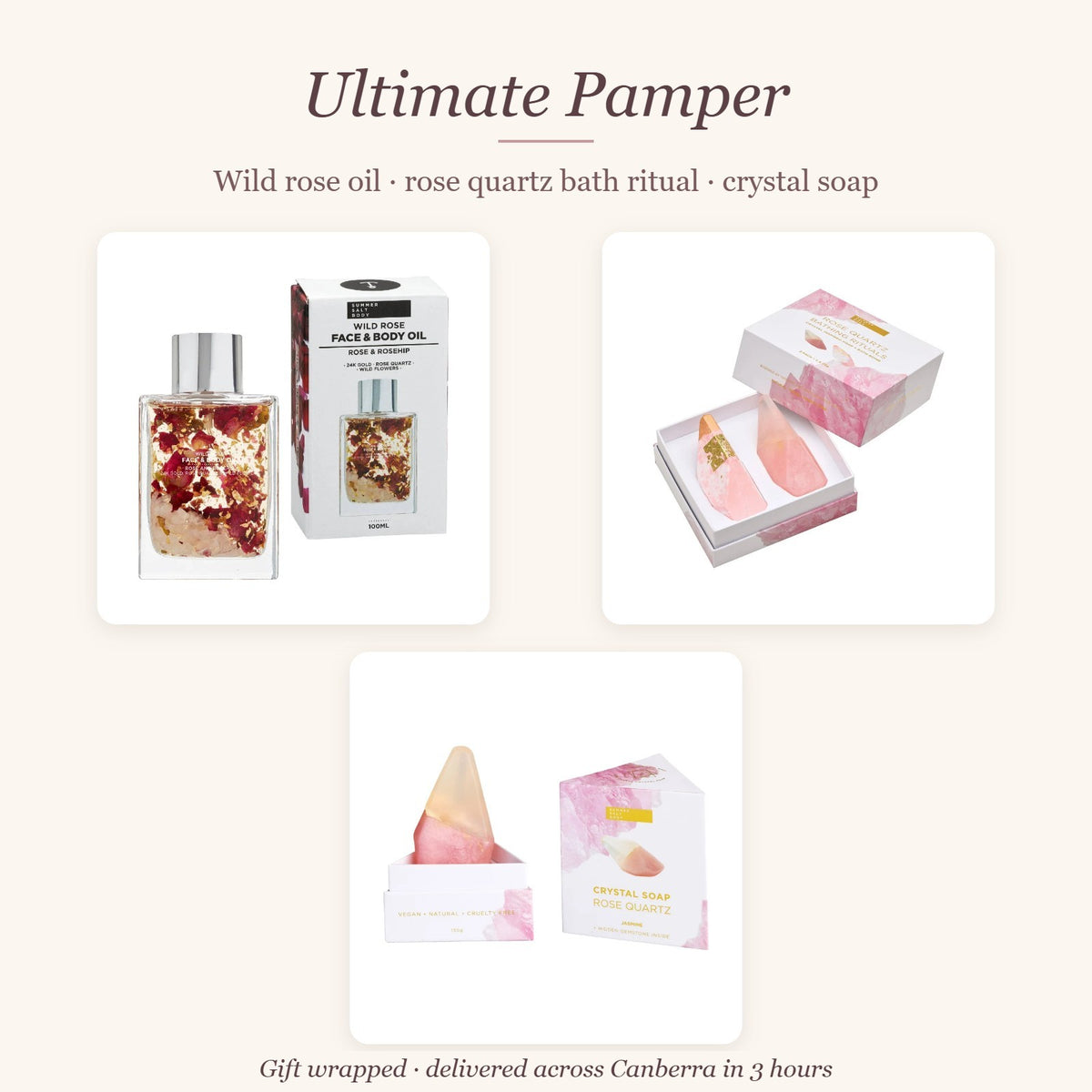Ultimate Pamper Gift Box – Wild rose oil · rose quartz bath ritual · crystal soap